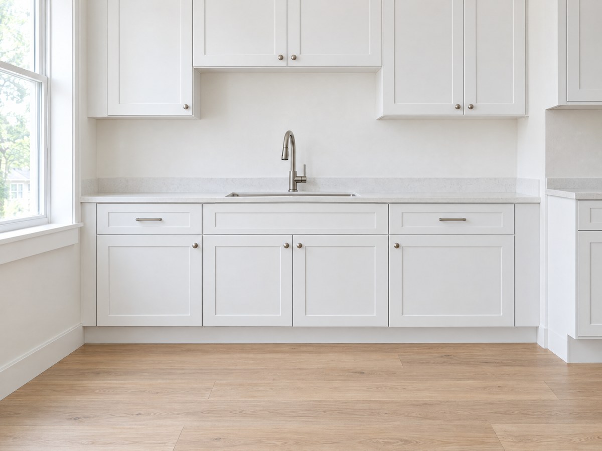 Illustration: the same kitchen finished at handover, the sink in front of the drain