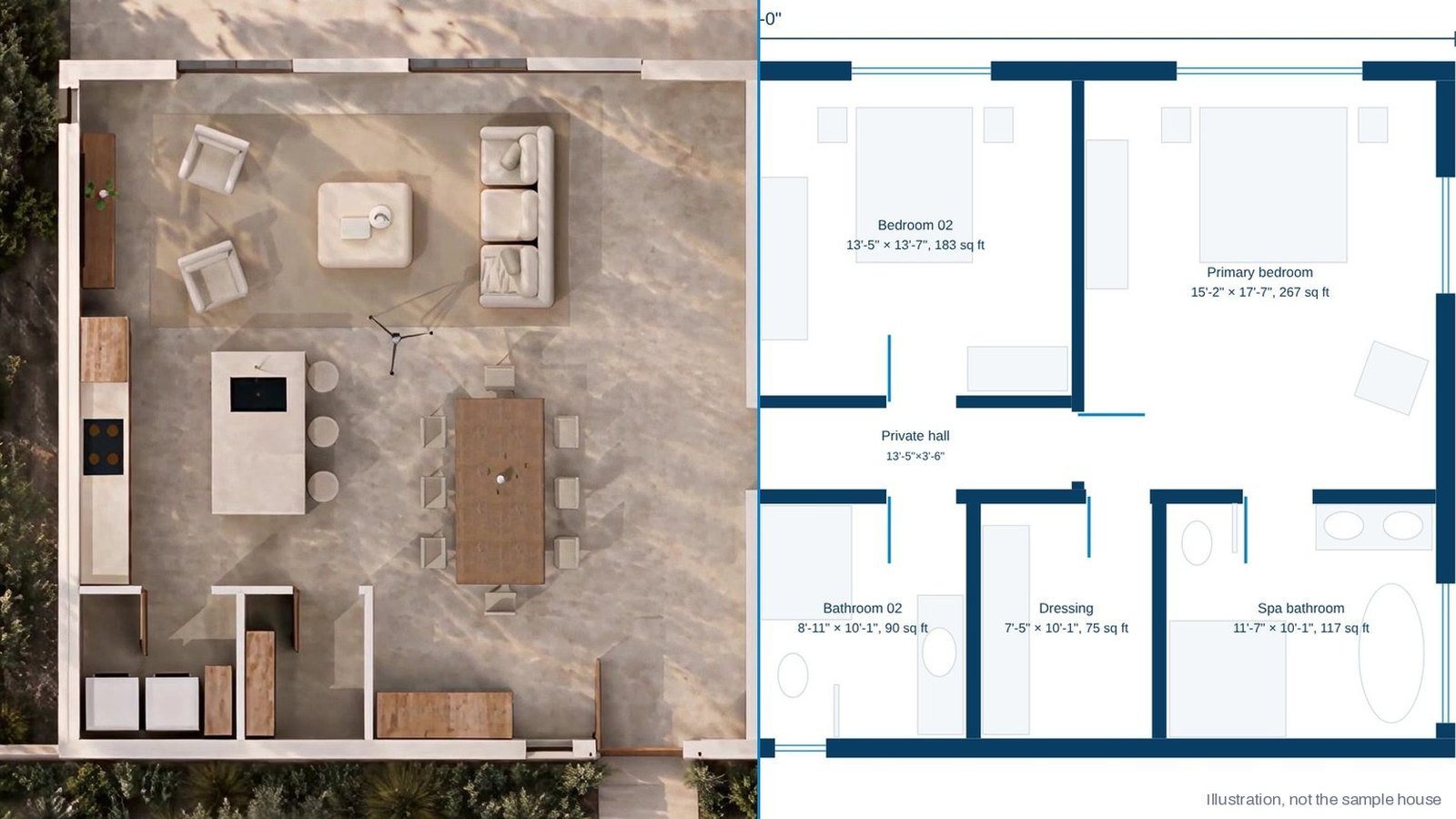 Illustration: a house seen from above, half as the 3D model and half as the measured floor plan
