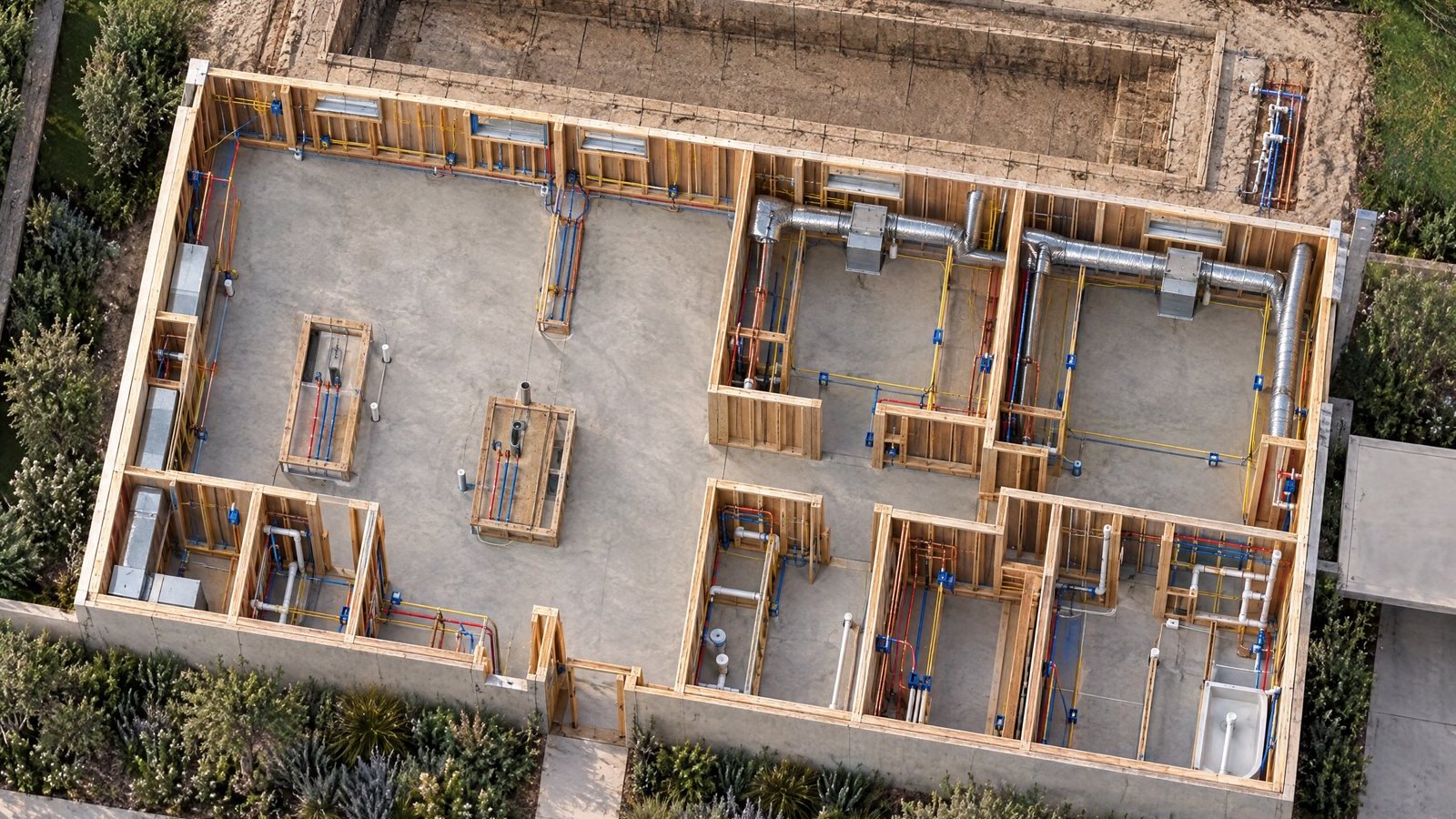 Illustration: a house under construction seen from above, framed walls open with pipes, wiring and ducts in place before drywall