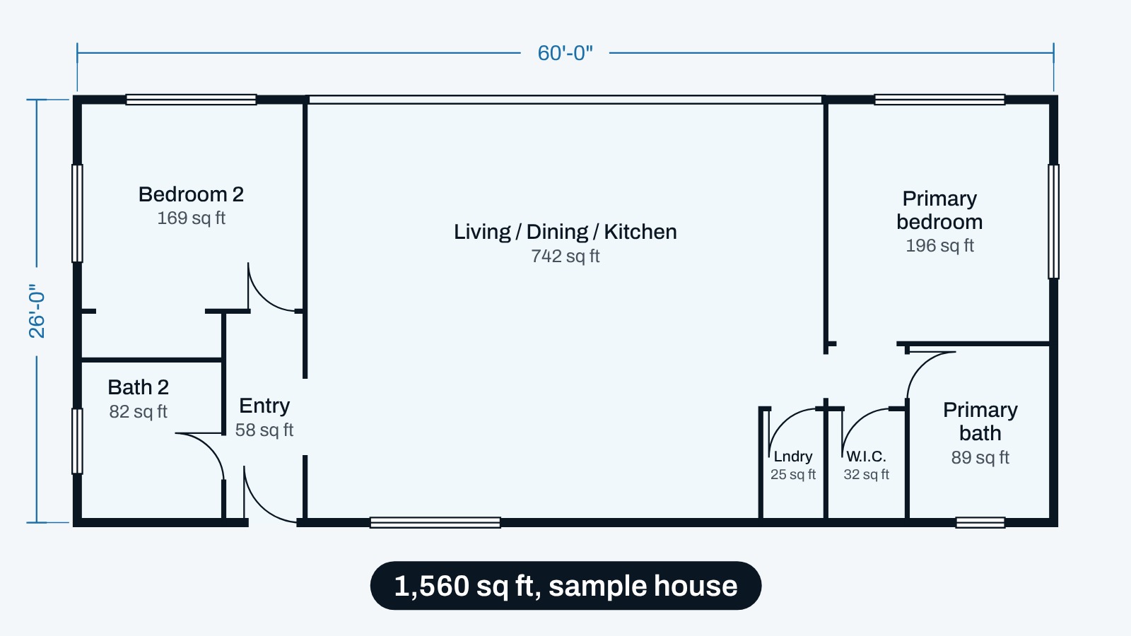 Sample floor plan of a 60 by 26 ft house, marked 1,560 sq ft, sample house