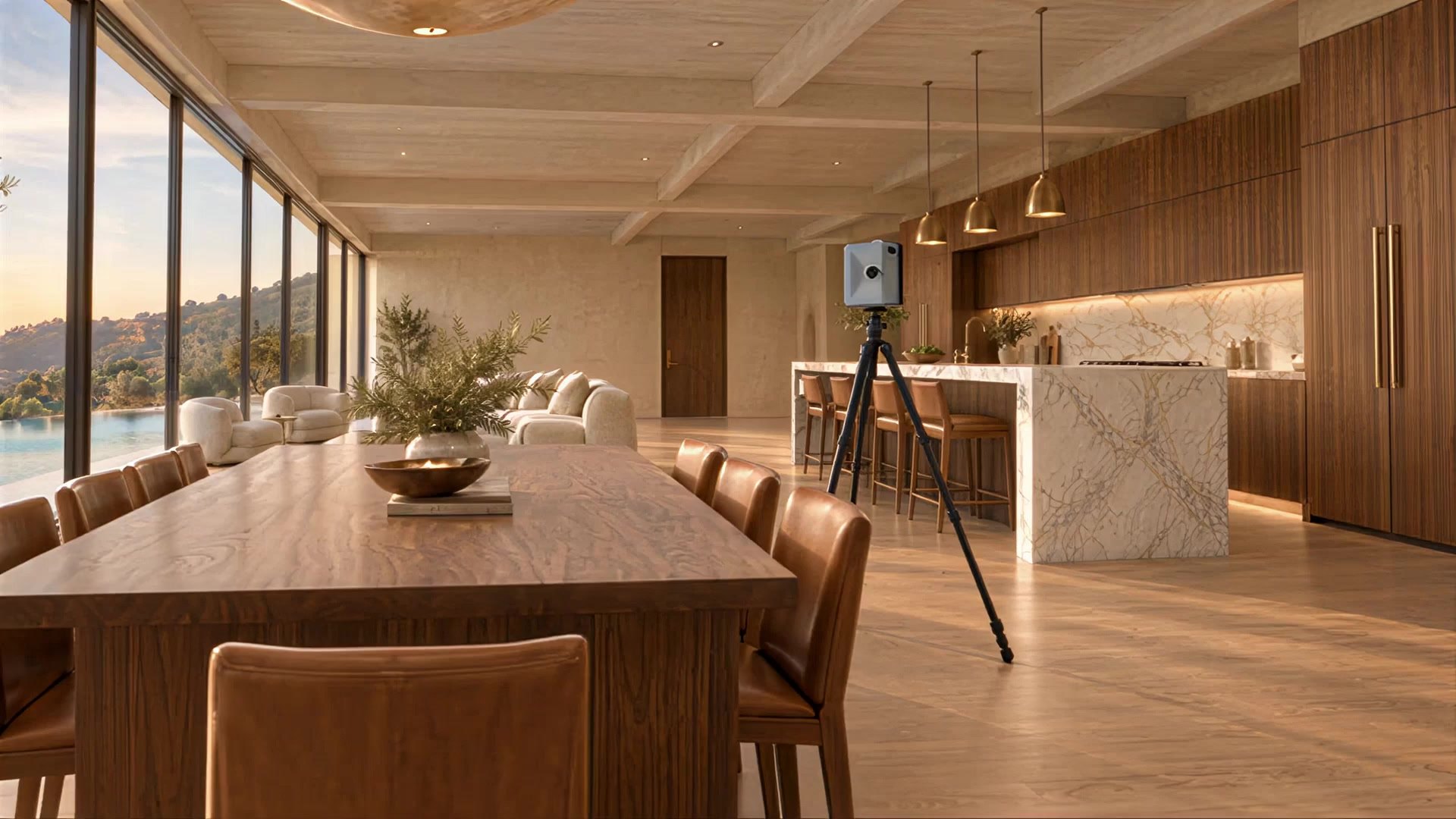 Illustration: a LiDAR scanner on a tripod in a living room; the view rises to a model of the whole house, and a measured floor plan is drawn over it