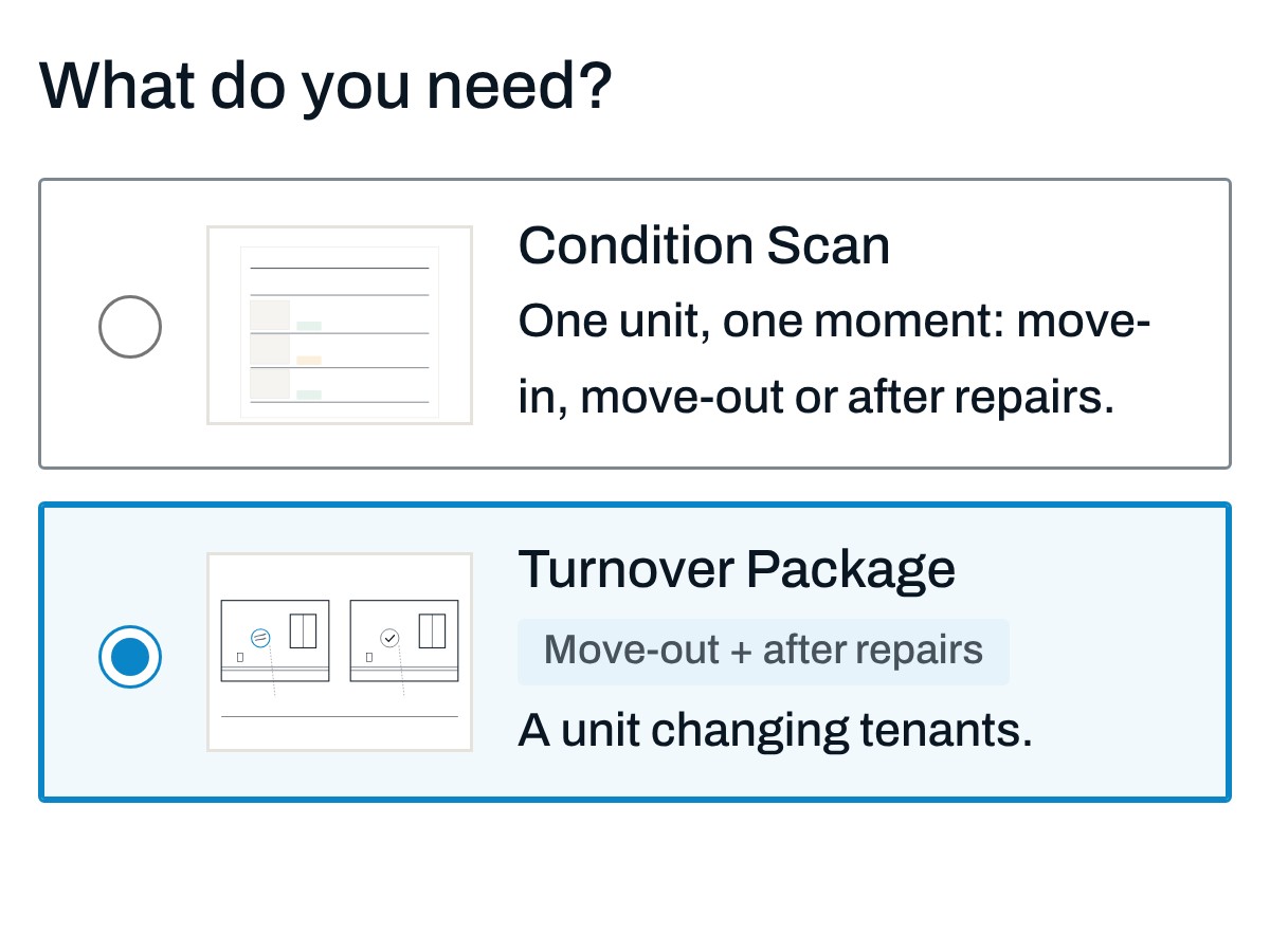The first screen of the quote form, with Turnover Package picked