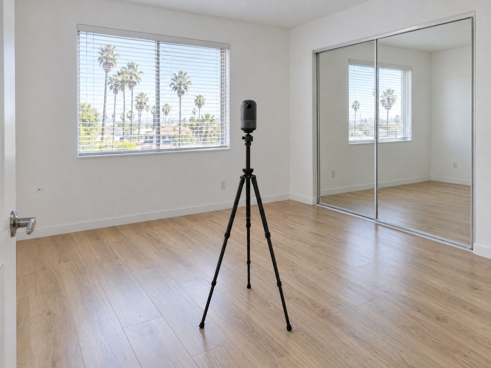 Illustration: a LiDAR scanner on its tripod in an empty, vacated rental bedroom