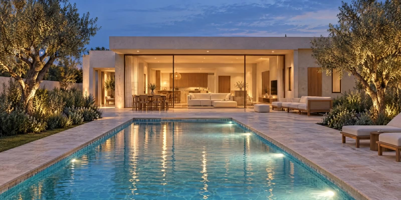 Illustration: a modern single-story home for sale at dusk, seen across its pool, the first frame of a 3D tour
