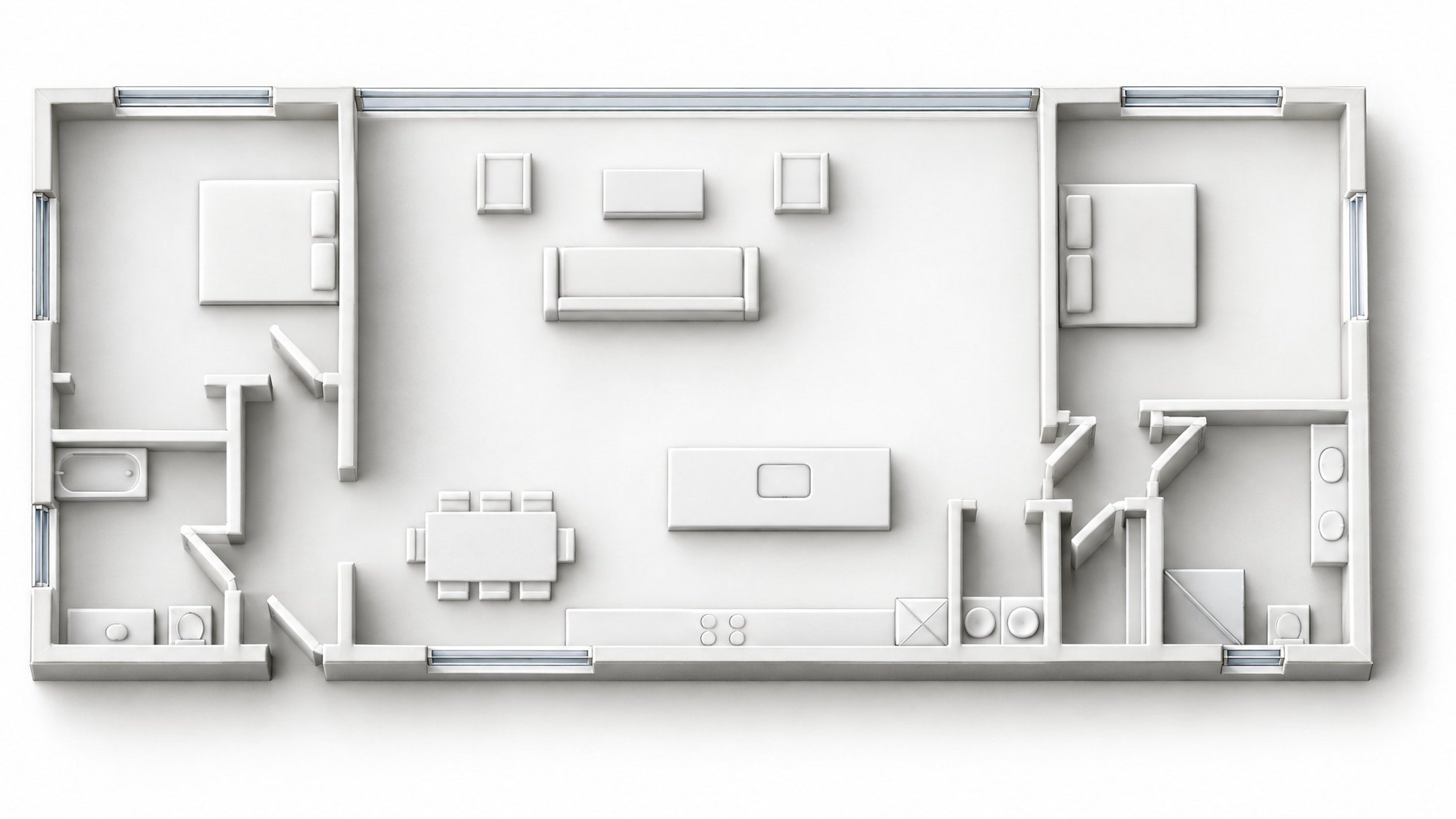 Illustration: 3D model of 2140 Sample Ave, the house in the sample set, with three drawing sheets.