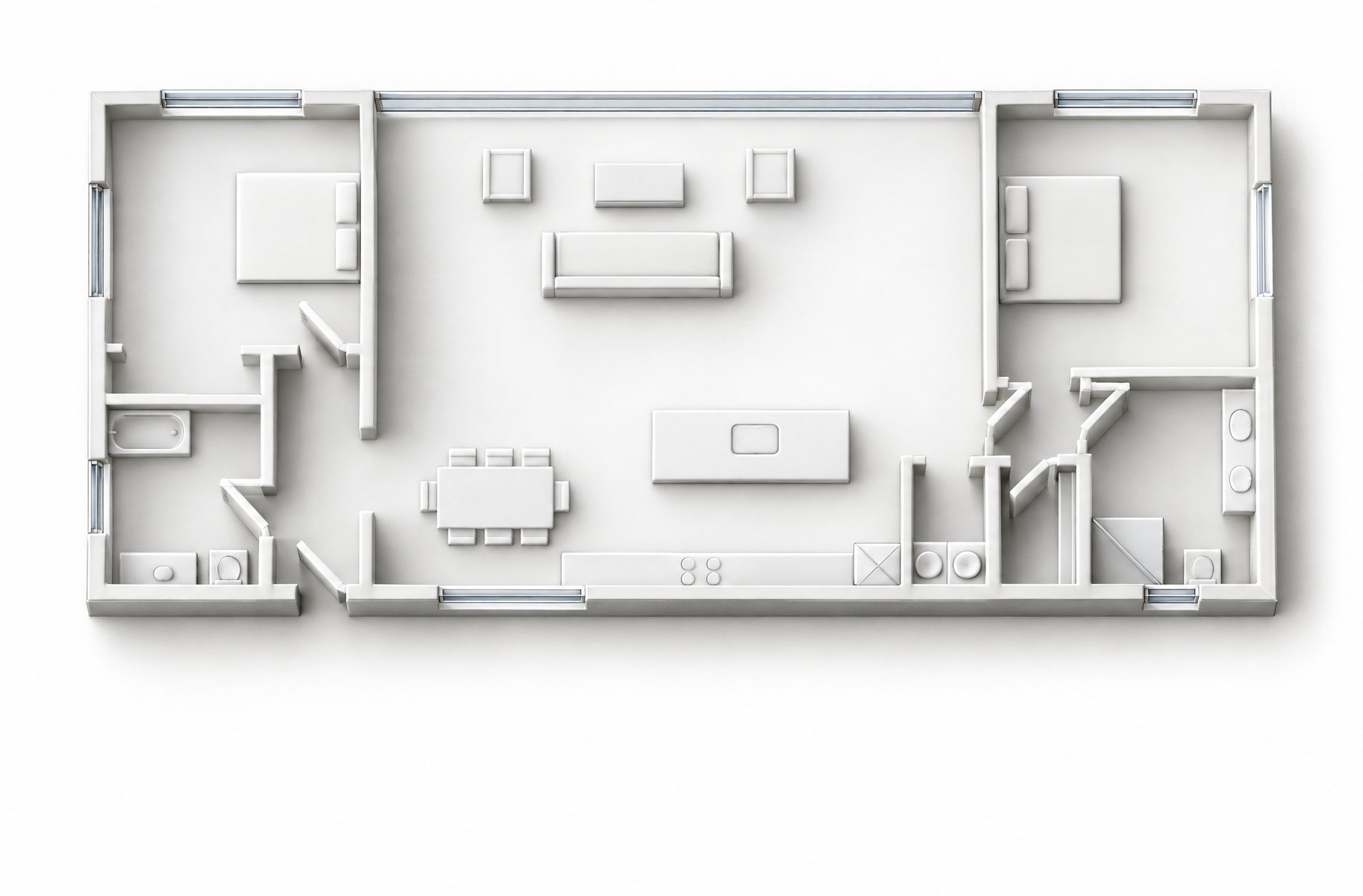 Illustration: white scale model of the sample house seen from above