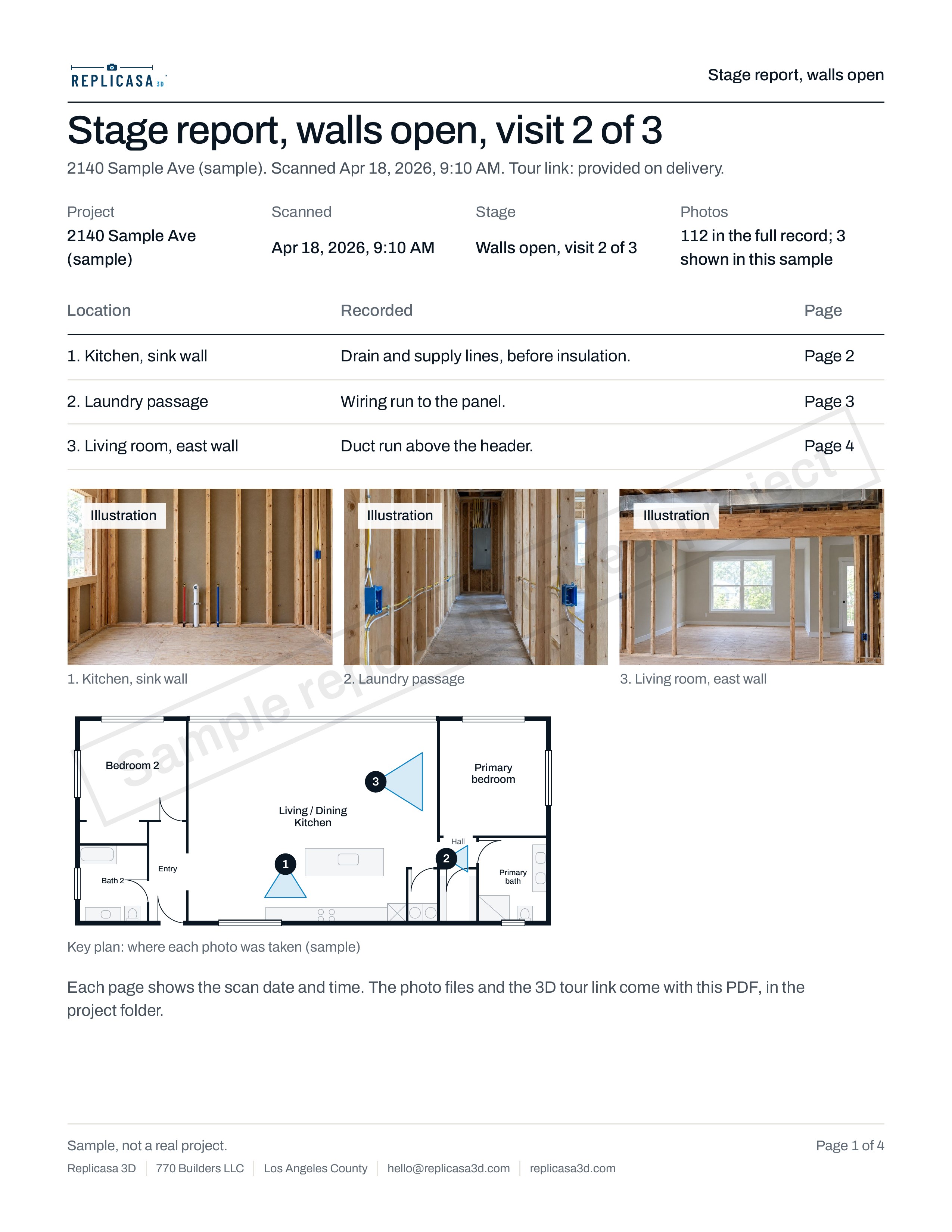 Sample stage report, page 1 of 4: Summary and key plan. Sample report, not a real project. Photos are illustrations.