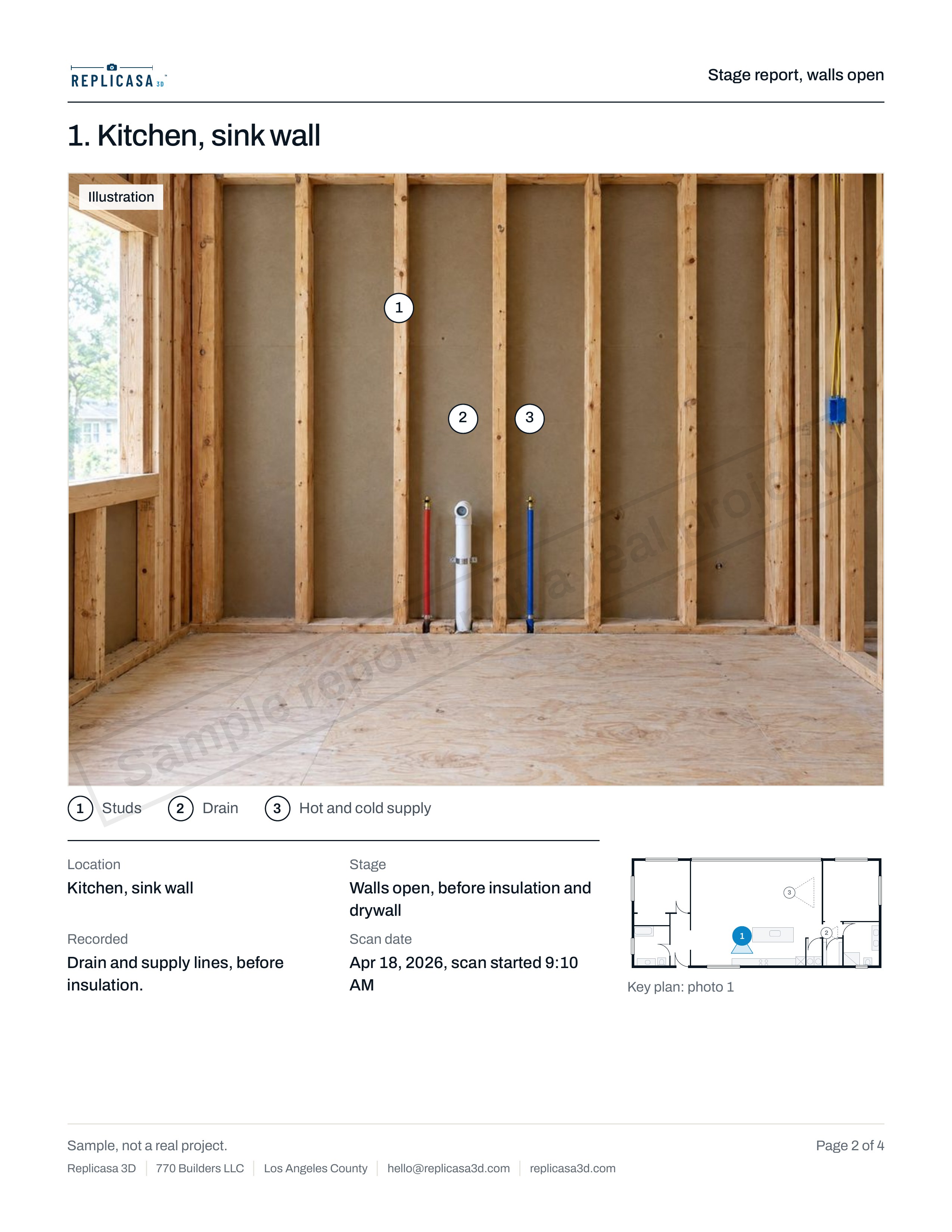 Sample stage report, page 2 of 4: Kitchen, sink wall, walls open. Sample report, not a real project. Photos are illustrations.