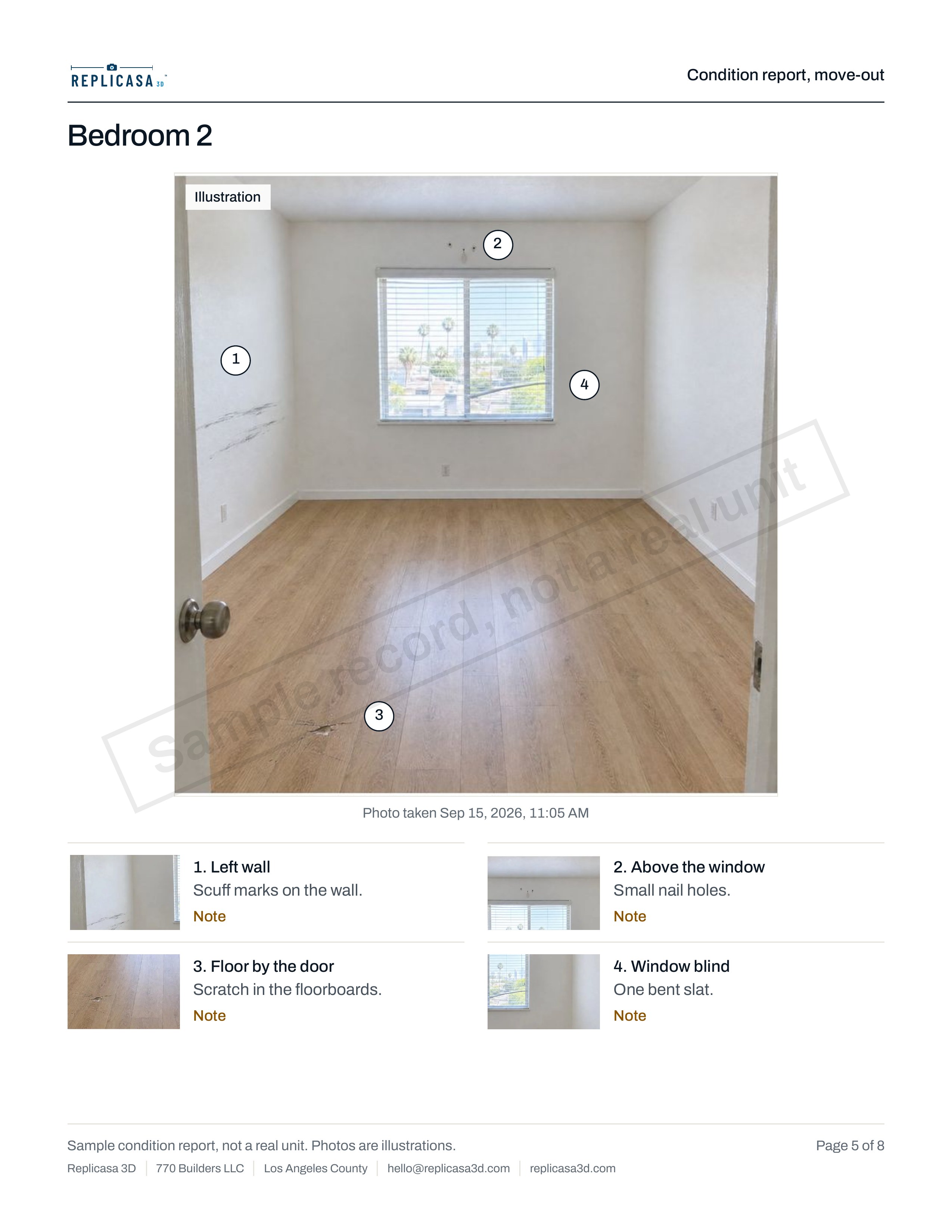 Sample condition report, page 5 of the 8-page PDF: Bedroom 2, four numbered notes. Sample report, not a real unit. Photos are illustrations.